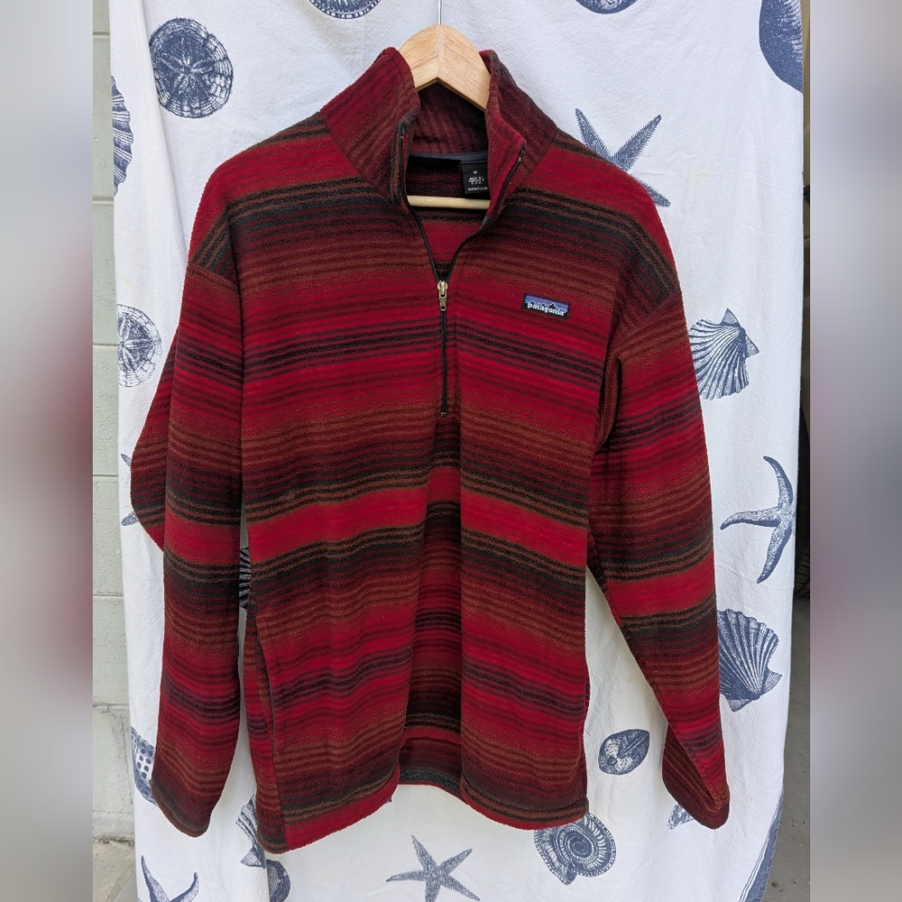 Patagonia Vintage Synchilla Mens Medium Red And Black Stripe Fall 1999 Half Zip
